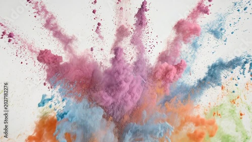 Vibrant orange blue and green powder explosion frozen in time dynamic particle cloud burst against