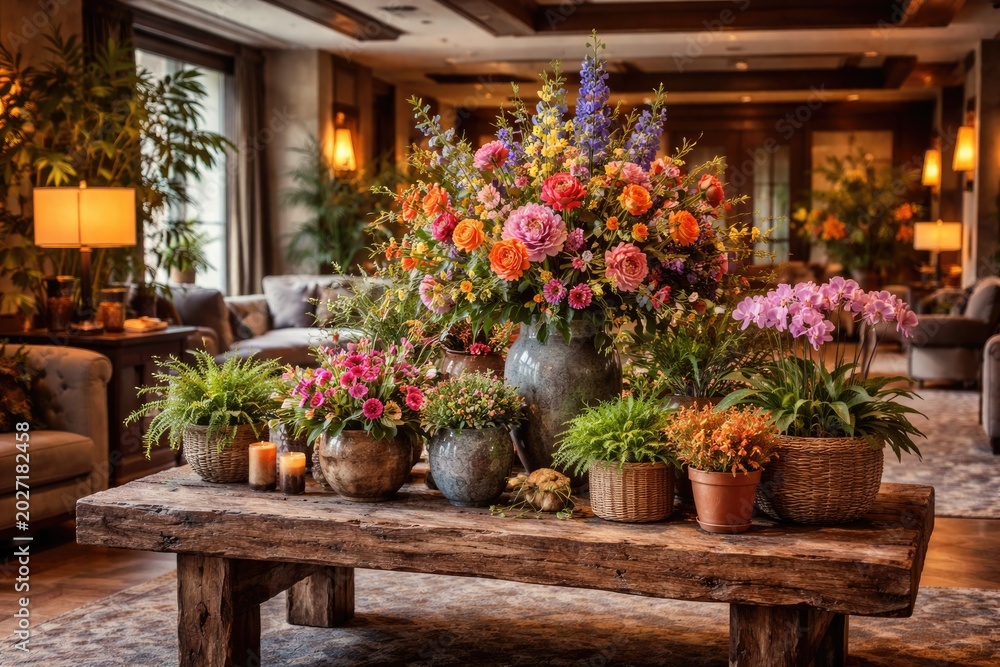 Obraz premium Hotel interior design showcasing colorful flowers and potted plants on rustic wooden table