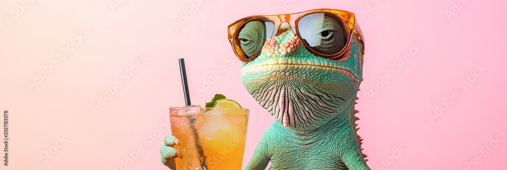 Obraz premium Cool chameleon enjoying a refreshing cocktail while wearing stylish sunglasses, embodying summer vibes against a vibrant pink backdrop