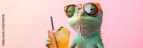 Cool chameleon enjoying a refreshing cocktail while wearing stylish sunglasses, embodying summer vibes against a vibrant pink backdrop