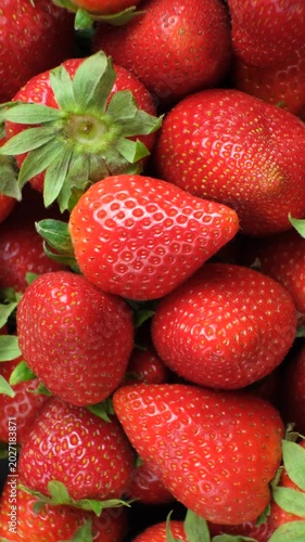 Fresh ripe strawberries background top view vertical