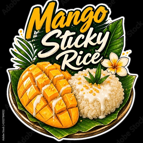Mango Sticky Rice Traditional Thai Dessert Illustration with Tropical Leaves