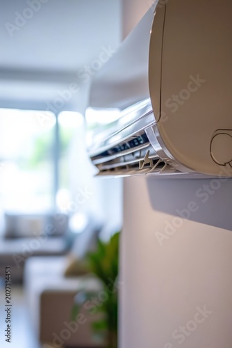 Air conditioning unit mounted on a wall in a modern living room, showcasing sleek design and functionality, enhancing indoor comfort and atmosphere