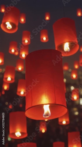 Many glowing red sky lanterns floating upwards into a dark night sky during a festival.