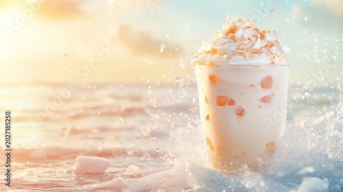 Refreshing dessert drink in a clear glass filled with creamy ice cream and topped with whipped cream, splashing in ocean waves during a vibrant sunset, evoking summer bliss