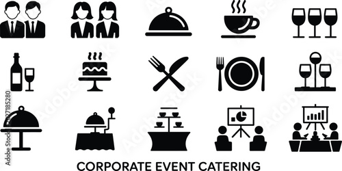 Vector illustration of corporate event catering icon set featuring business dinner banquet food service buffet conference black glyph silhouettes