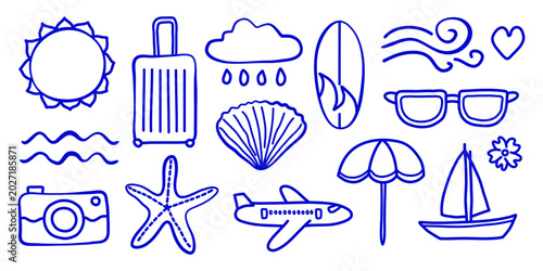 Cute summer beach vacation set in naive doodle outline style isolated on white background. Mediterranean blue line art coastal vector illustration. Hand drawn surfboard, sun, sailboat, starfish, etc.