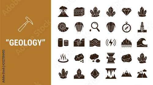 Set of various black geology icons featuring crystals rocks volcanoes and fossils on brown background