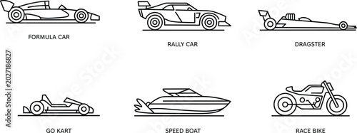 Photos Vector illustration of motorsport racing vehicles icon set featuring formula car rally car dragster go kart speed boat and race bikeVector illustration of motorsport racing vehicles icon set feature