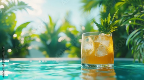 Refreshing cocktail served in a glass with ice cubes, garnished with a green leaf, placed on a poolside surface surrounded by lush tropical foliage and bright sunlight