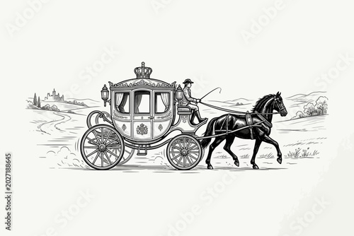 Photos Royal horse-drawn carriage illustration with coachman and landscape