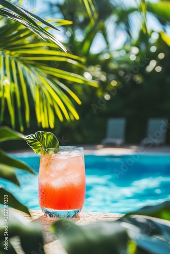Refreshing tropical cocktail in a glass with ice, garnished with a green leaf, set against a vibrant poolside background surrounded by lush palm leaves
