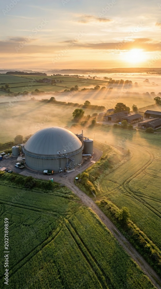 Fototapeta premium Golden sunlight breaks through the morning mist, illuminating a biogas plant nestled in lush fields.