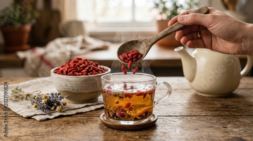 A hand pours red goji berries from a bowl into a glass of tea.
