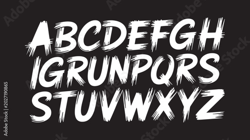 Brush stroke alphabet letters white font on black background