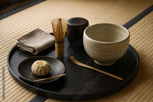 Japanese tea ceremony still life with whisk bowl scoop and wagashi