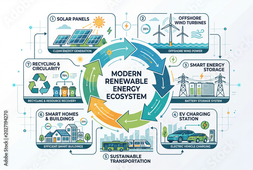 Renewable Energy Ecosystem Infographic with Solar Panels and Wind Turbines