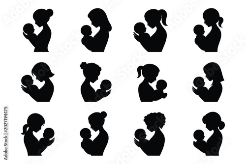 Bild auf Leinwand Twelve unique silhouette illustrations of adults tenderly holding infants showca