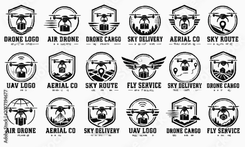Drone Delivery Aerial Logo Template Sheet with Bold Emblems, Industrial Lettering, Badge Marks, Business Identity Layouts, Label Graphics and Commercial Branding Elements