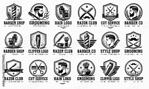 Barbershop Grooming Logo Template Sheet with Bold Emblems, Industrial Lettering, Badge Marks, Business Identity Layouts, Label Graphics and Commercial Branding Elements