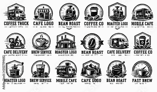 Coffee Roaster Delivery Logo Template Sheet with Bold Emblems, Industrial Lettering, Badge Marks, Business Identity Layouts, Label Graphics and Commercial Branding Elements