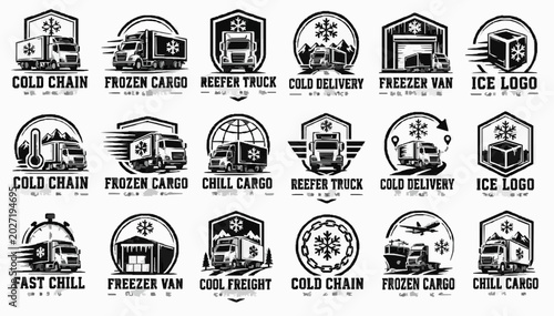 Cold Chain Refrigerated Logo Template Sheet with Bold Emblems, Industrial Lettering, Badge Marks, Business Identity Layouts, Label Graphics and Commercial Branding Elements
