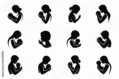 Schilderij op canvas Twelve unique silhouettes of adults tenderly holding infants in diverse nurturin