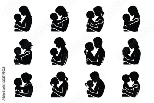 Foto Twelve unique silhouette illustrations of adults tenderly embracing and holding