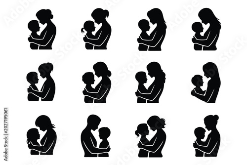 Canvastavla Twelve unique silhouette illustrations of adults tenderly embracing and holding