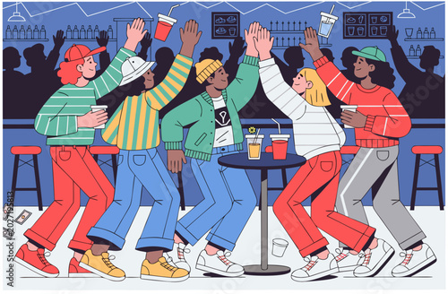 Group of young men and women cheering and dancing in a bar setting, celebrating party, sport event. Community viewing vector illustration
