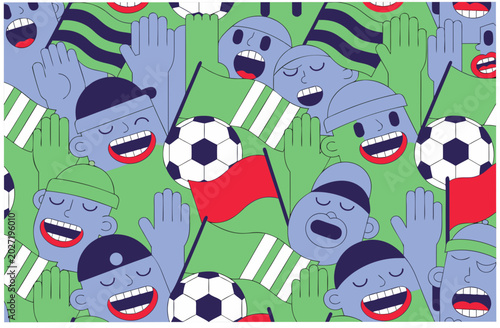 Seamless pattern of cheering soccer fans with flags, hands, and football. Live stadium supporter energy concept. Sport event. Vector illustration