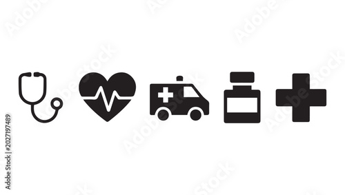 Foto Medical symbols including stethoscope heart ambulance and medical cross displaye