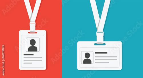Mockup illustration of professional identification card badges with lanyards in portrait and landscape orientations on colored backgrounds.