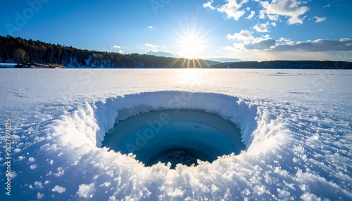 Ice hole on frozen lake under bright sun, forest backdrop, snowy scene