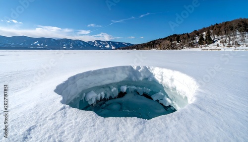 Icy hole in snow-covered lake, mountains in background, clear blue sky day