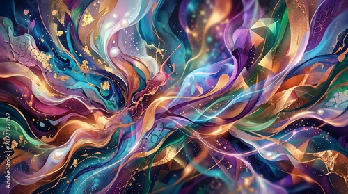 Dynamic liquid marble texture with gold accents and colorful flowing swirls in artistic composition.
