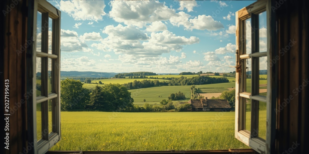 Fototapeta premium Calm rural outlook from white wood windows framing broad green fields and peaceful summer blue skies