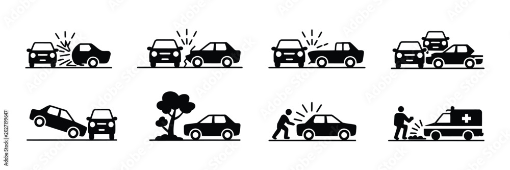 Naklejka premium Car Crash Icons for Road Accident Warning, Emergency Situation and Insurance Related Design Elements