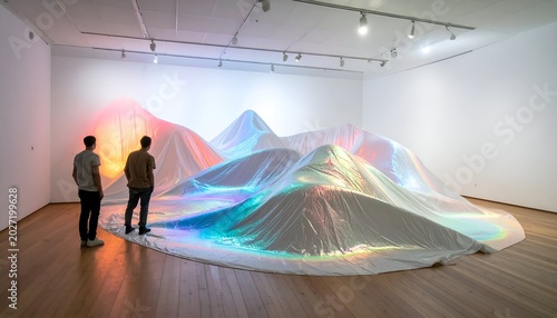 Gallery exhibit two viewers admire glowing, draped mounds in a bright space