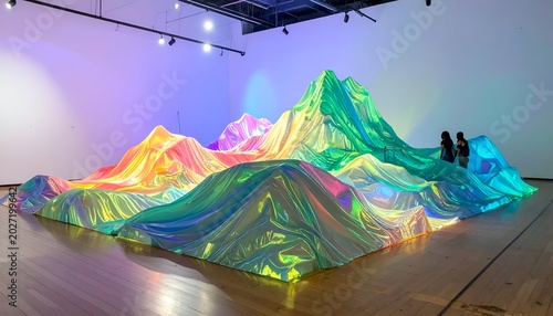 Iridescent draped fabric forms a mountain-like sculpture in a gallery