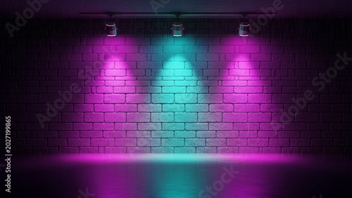 Schilderij op canvas Dark brick wall illuminated by three overhead spotlights casting vibrant purple