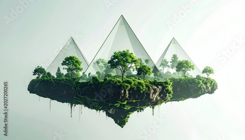 Floating island with trees, grass and pyramids against a soft, bright background