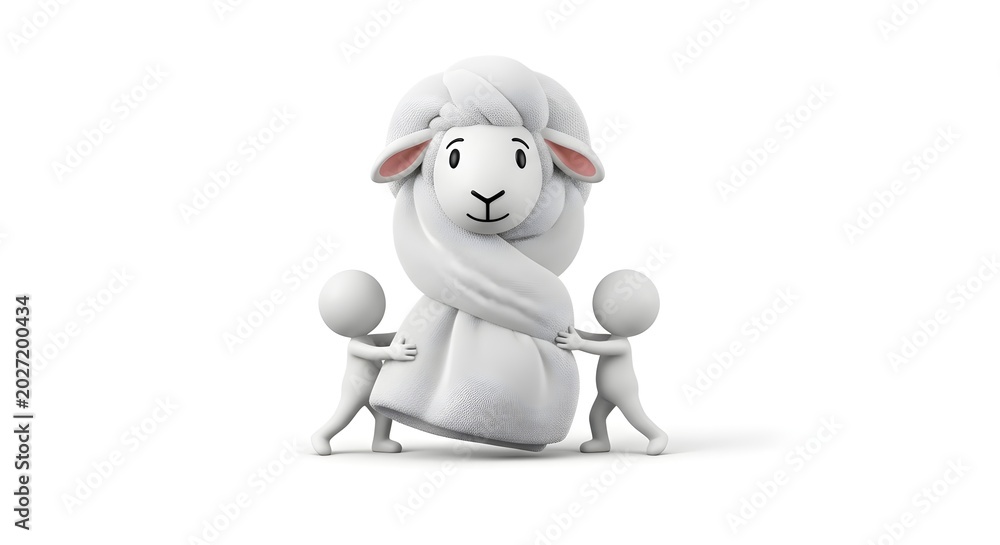 Fototapeta premium Two people handling a giant soft wool sheep