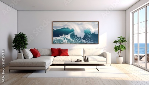 Bright living room with ocean art, cream couch, white walls, and wooden floor