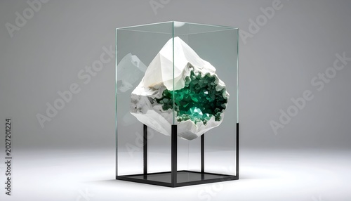 Emerald geode specimen in a glass display case on black stand