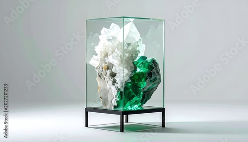 Geode specimen green & white crystals encased in glass cube on black stand