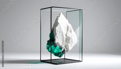 Mineral specimen in a glass case with white top and green base
