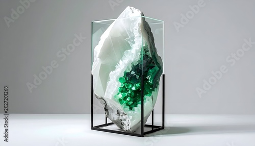 Crystal encased in glass, black stand. Green geode, white, grey rock fragment