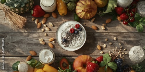Clean eating concept with probiotic vegan dairy alternatives banner emphasizing gluten free diet top view