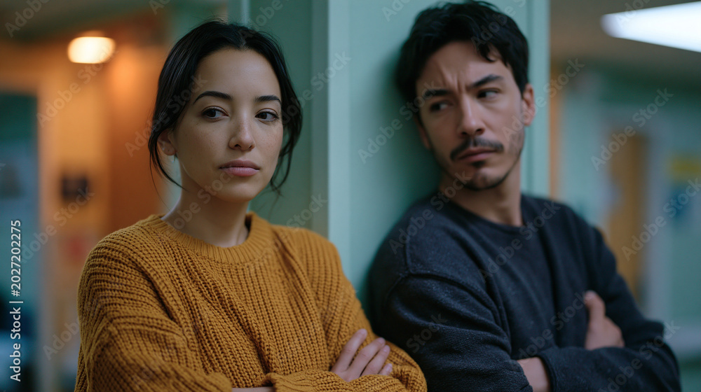 Fototapeta premium Two estranged adult siblings stand six feet apart in a hospital corridor, arms crossed, glancing sideways at each other, pale green walls between them, ideal for family estrangement, reunion tension